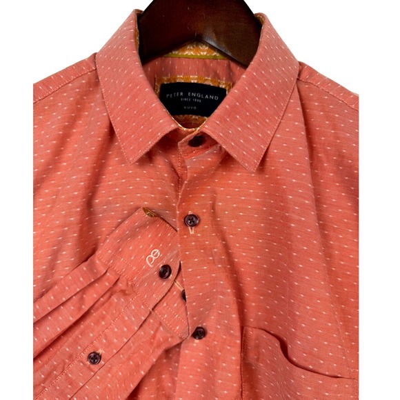 Peter England Nuvo Fit Coral Dotted Long Sleeve Button Down Shirt M REDUCED - Picture 1 of 10